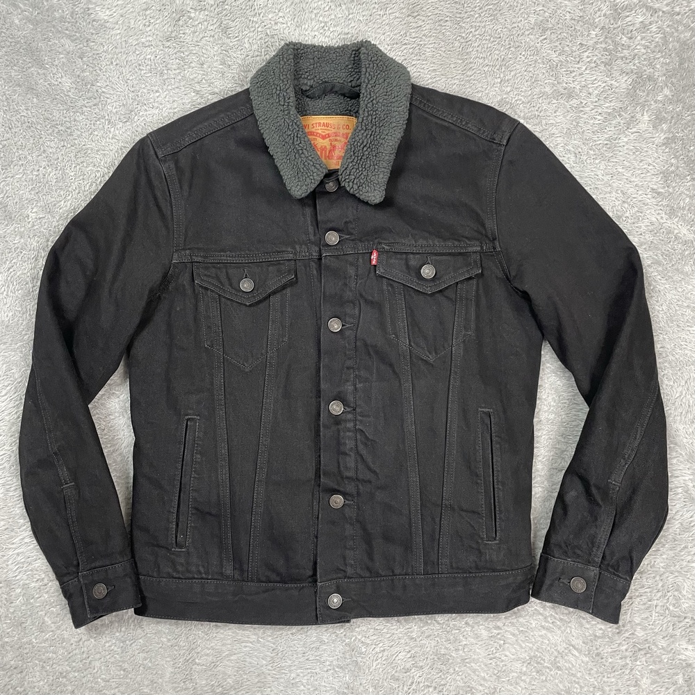 Levis Jacket Mens Small Black Sherpa Lined Denim Trucker Button Front Winter